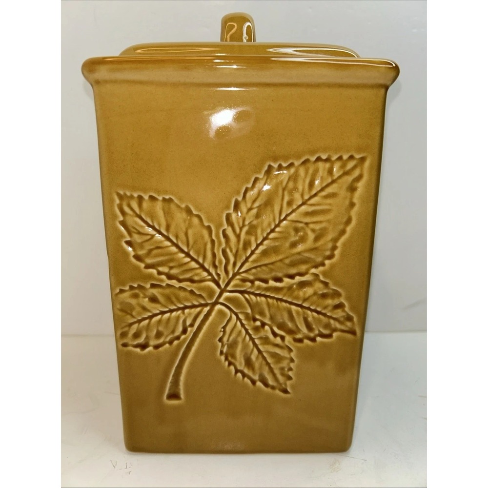 NEW Lillian Vernon Leaf Motif Large Canister Warm Sunburnt Yellow 8" Ceramic Lid
